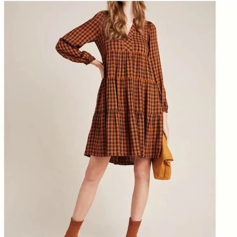 Maeve Anthropologie Long Sleeve Gingham Plaid Tunic Mini Dress Gold Black Small