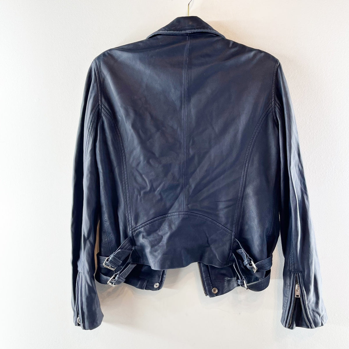 IRO Lamb Leather Zip Up Moto Biker Jacket Navy Blue 40 / US 6