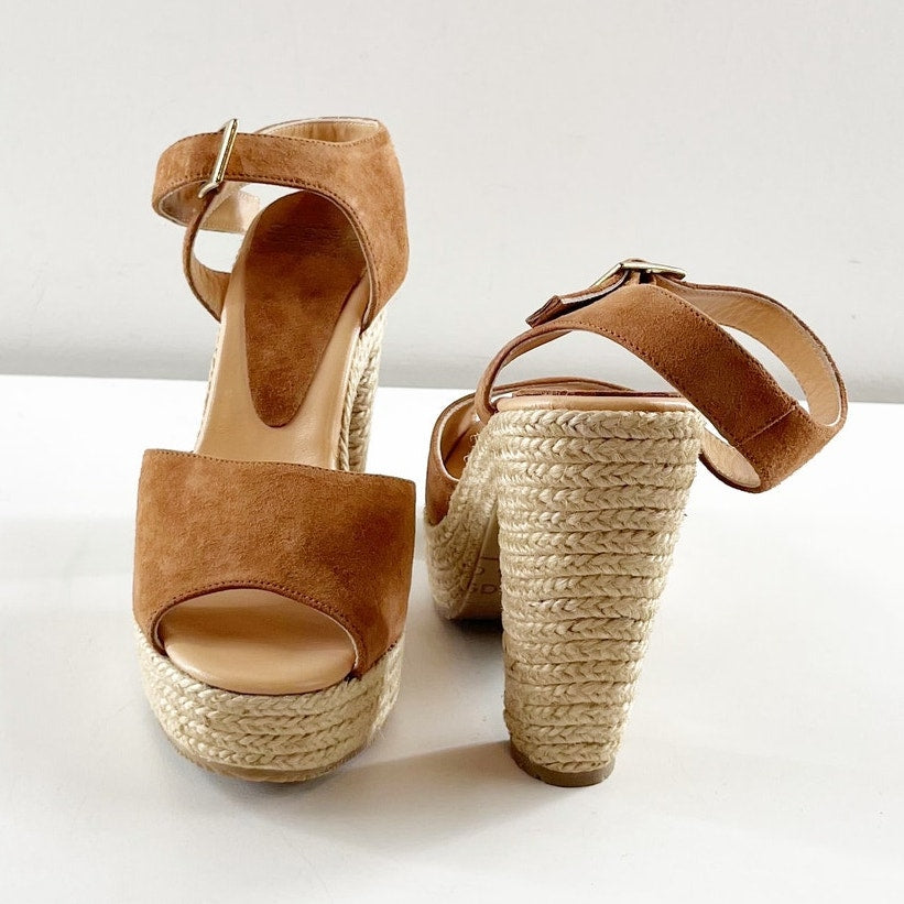 Andre Assous Sasha Suede Espadrille High Heel Sandals Shoes Brown Tan 8