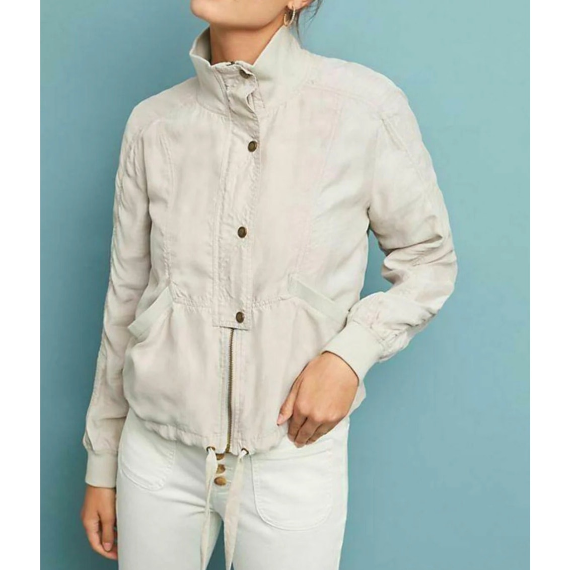 Marrakech by Anthroplogie Long Sleeve Zip Up Cupro Bomber Jacket Beige Medium