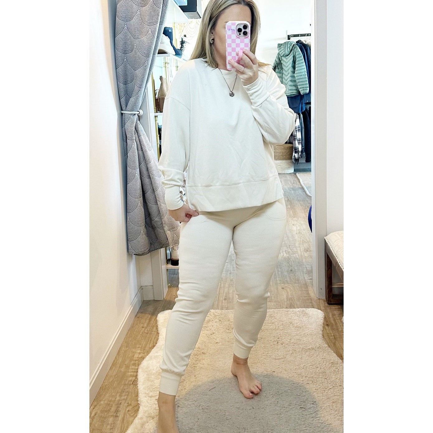 Danskin Ribbed Pullover Crewneck and Jogger Lounge Set Cream XS