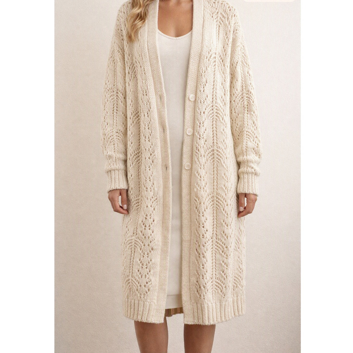 AMS Pure Long Sleeve Duster Maxi Wool Blend Cardigan Sweater Cream 6