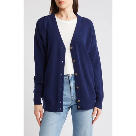 Madewell Relaxed V Neck Button Up Cardigan Sweater Heather Indigo Blue Medium