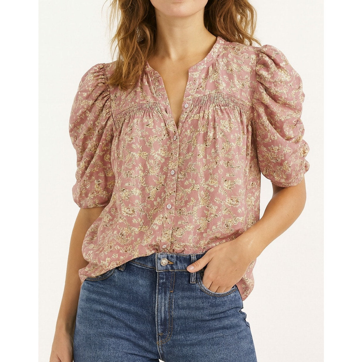 Bishop + Young Floral Puff Short Sleeve Blouse Shirt Pink Small