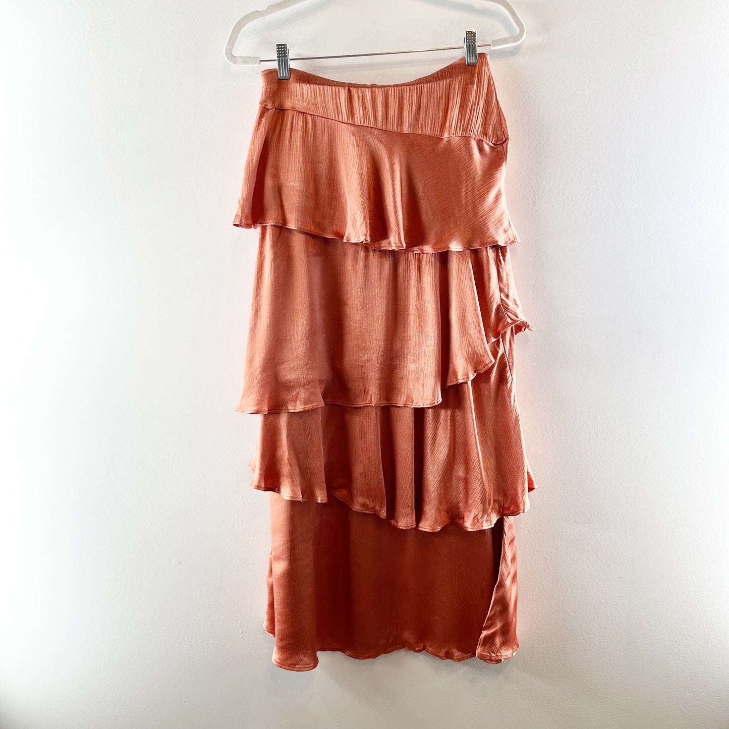 Maeve Anthropologie Cassia Satin Tiered Maxi Skirt Coral Pink Rust Orange 6
