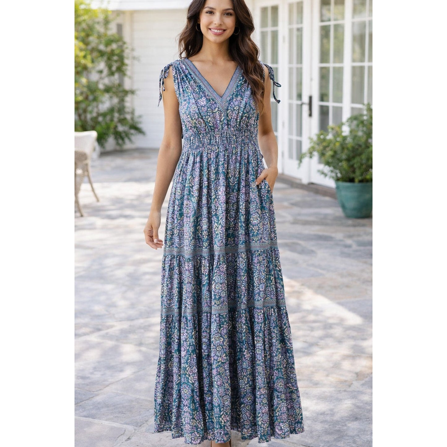 Joie V Neck Printed Tie Shoulder Maxi Dress Green Pink XS