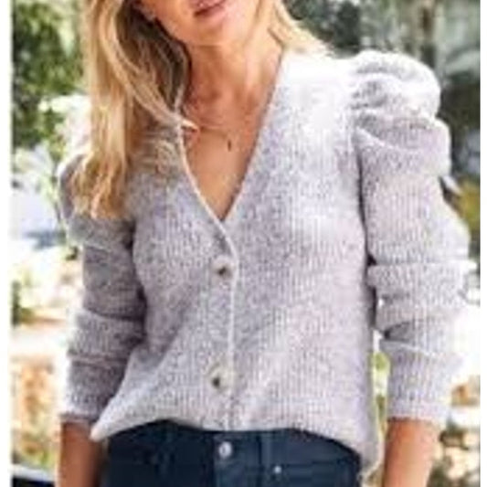 BB Dakota V Neck Button Up Puff Long Sleeve Cardigan Sweater Gray Small