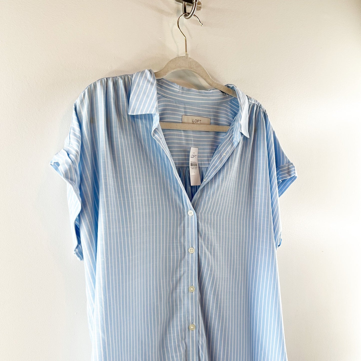 LOFT Striped Dolman Short Sleeve Button Up Shirt Blue Large