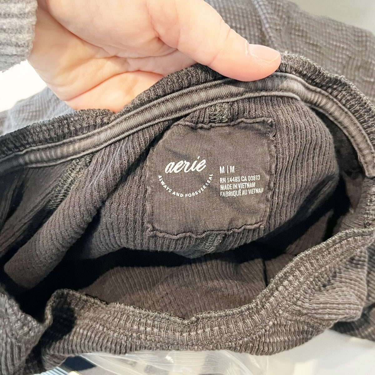 Aerie Cropped Short Sleeve Waffle Thermal Tee Shirt Black Medium