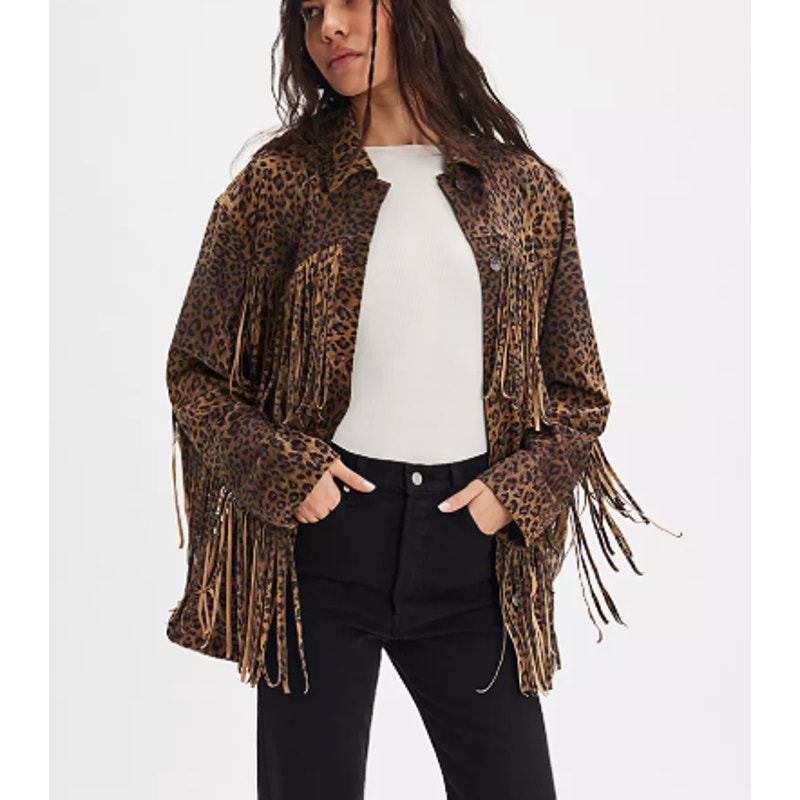 Free People We The Free Fringe Out Vegan Suede Animal Print Jacket Brown XS