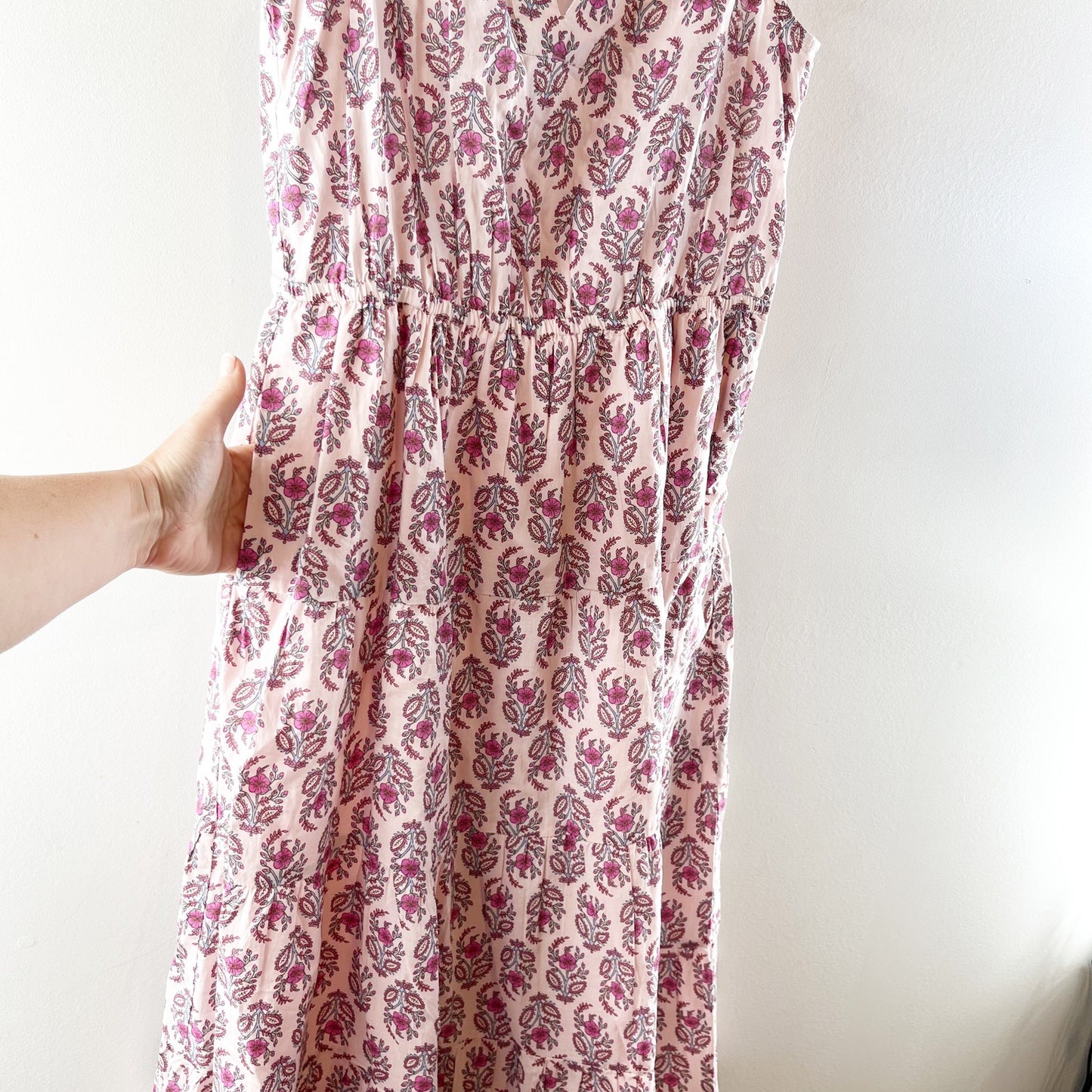 J. Crew Printed Ruffle Sleeve Cotton Midi Dress with Pockets Pink 6