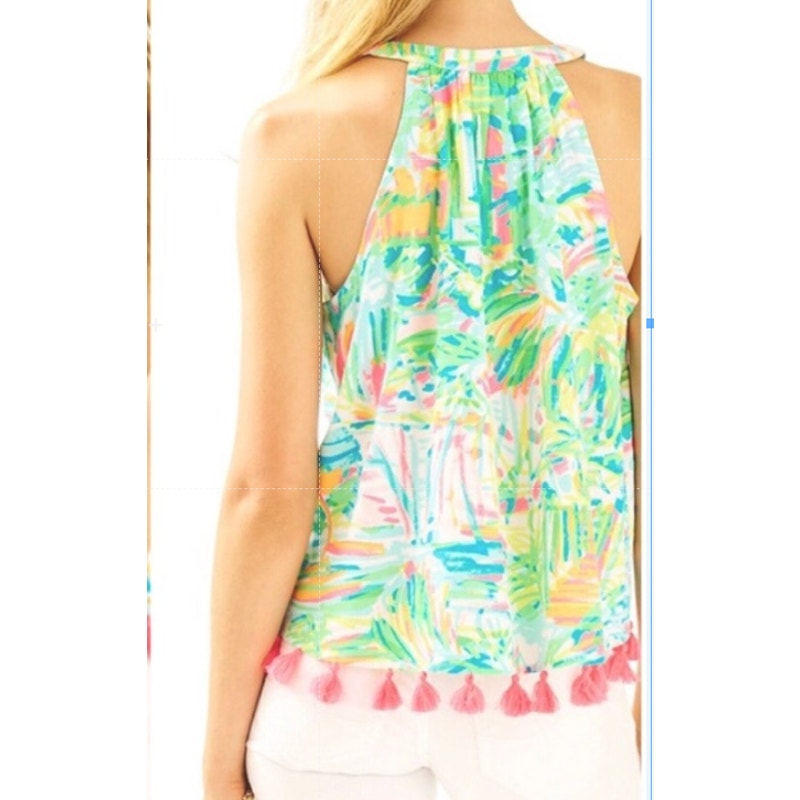 Lilly Pulitzer Roxi Sleeveless Tassel Tie V-Neck Tank Top Sea Salt and Sun Large