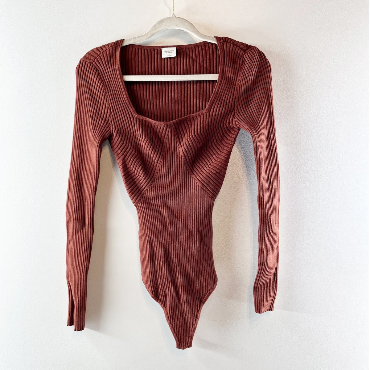 Abercrombie Long Sleeve Sweetheart Ribbed Sweater Bodysuit Brick Red Small