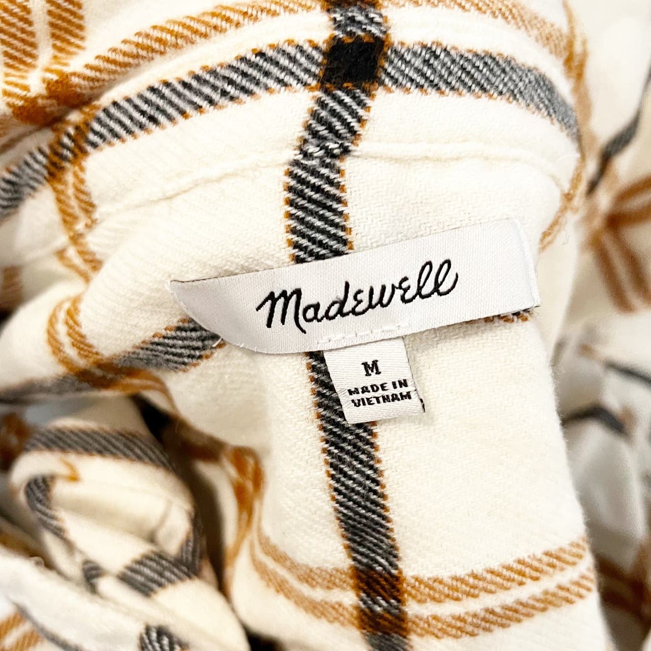 Madewell Flannel Oversized Boyfriend Button Up Shirt Plaid Cream Brown Medium