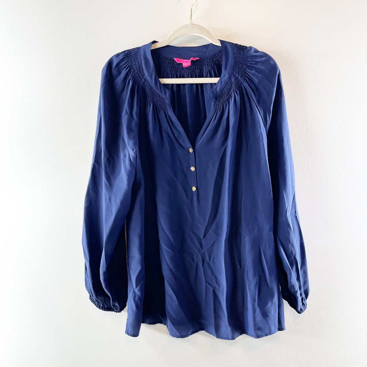Lilly Pulitzer Elsa Long Sleeve Silk Blouse Top Navy Blue XL