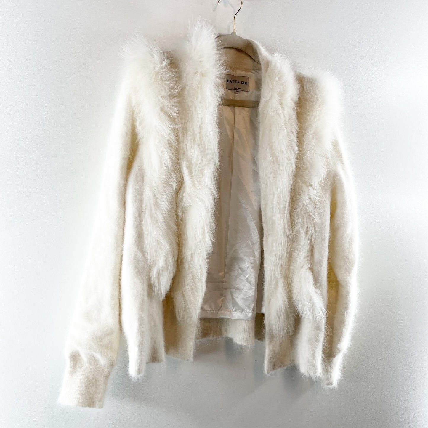 Patty Kim Long Sleeve Rabbit Fur Open Front Cardigan Sweater Cream Small / M