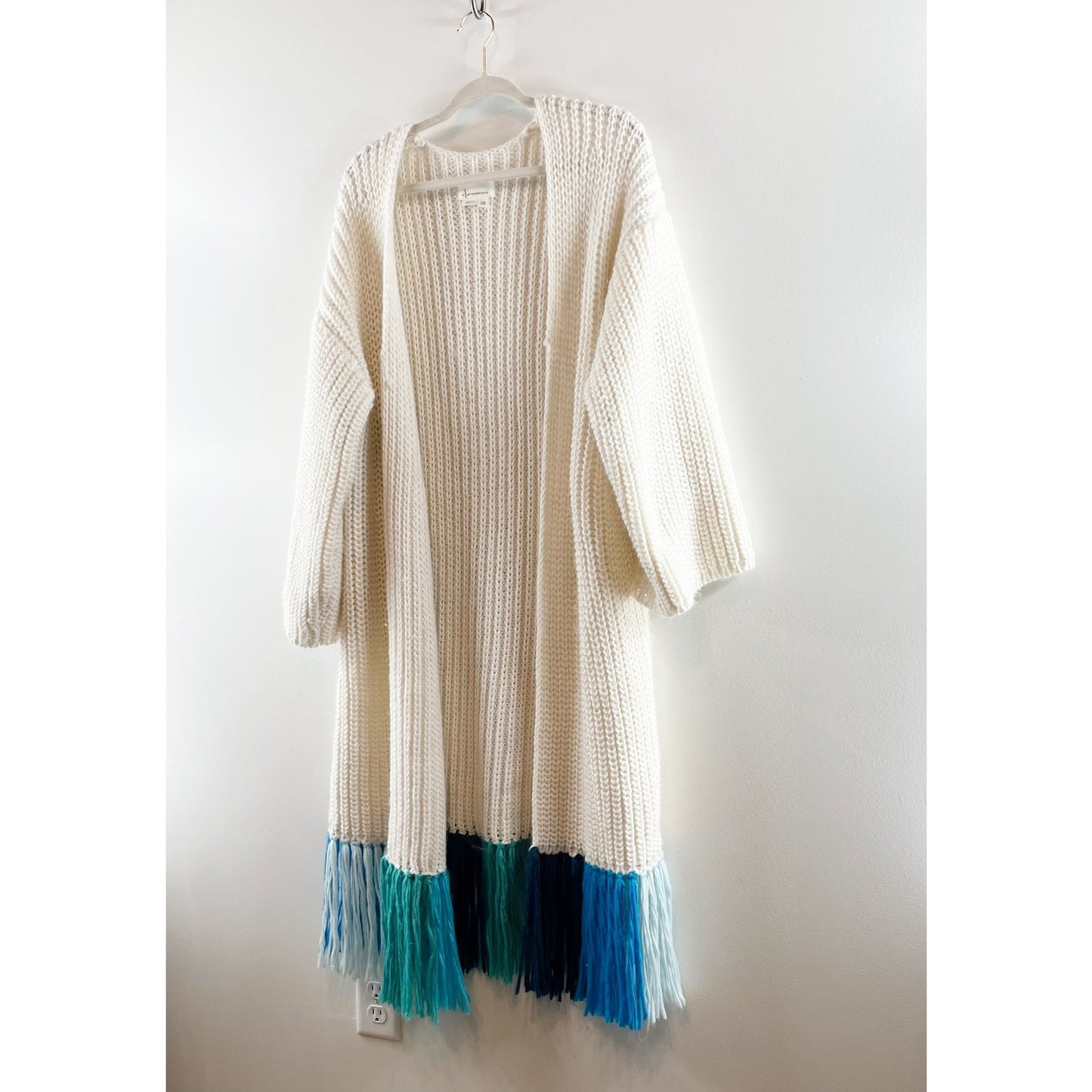 By Anthropologie Fringe Duster Kimono Cardigan Sweater Cream Blue Ombre O/S