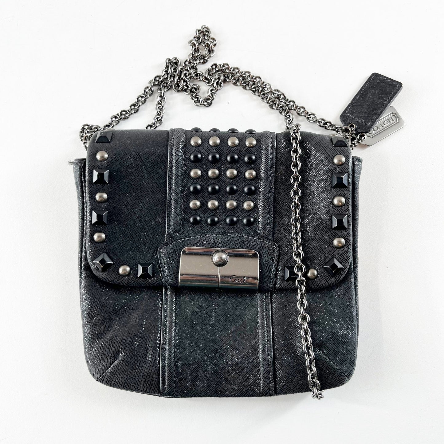 Coach Kristin Studded Chain Strap Leather Crossbody Purse Bag Black Silver