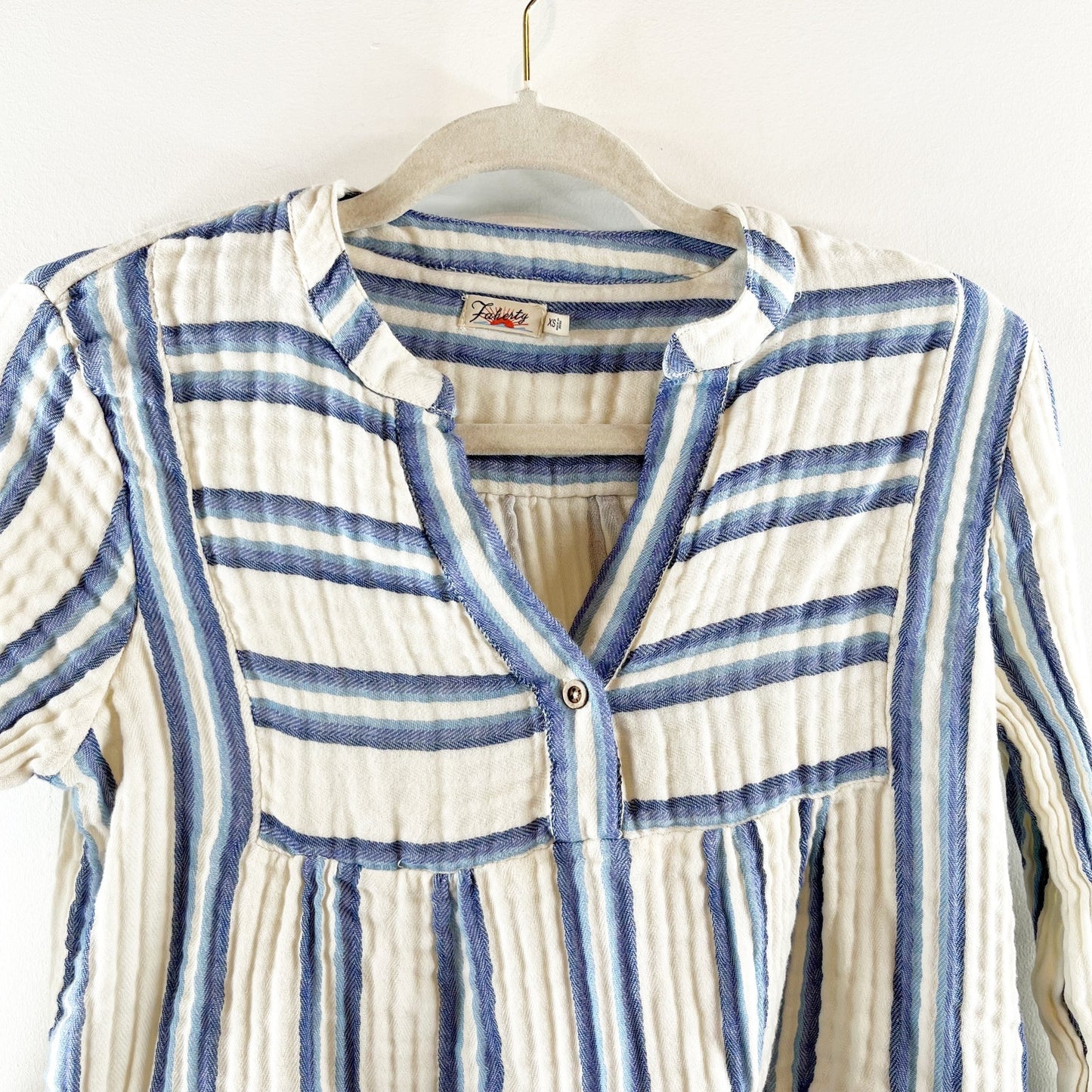 Faherty Vida Baja Striped Gauzy Cotton Long Sleeve Top Blouse White Blue XS