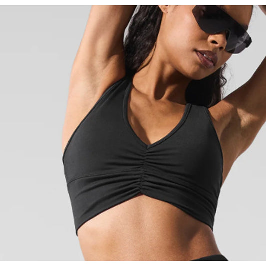 Alo Yoga Wild Thing Ruched V Neck Racerback Sports Bra Black Small