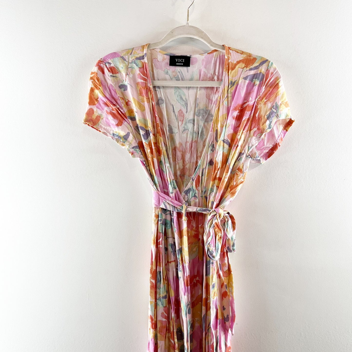 VICI Floral Print V Neck Short Sleeve Wrap Maxi Dress Pink Medium