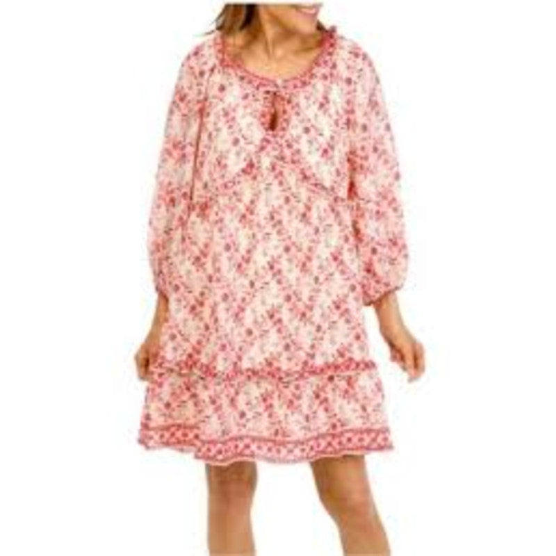 Max Studio Keyhole Long Sleeve Floral Tiered Mini Dress Pink White Small