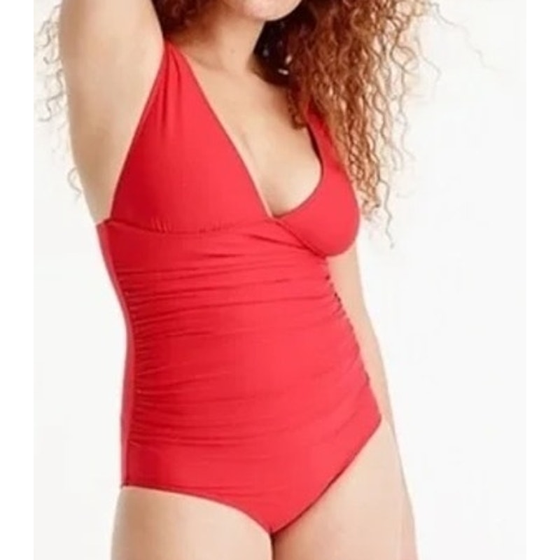 J. Crew V Neck Ruched Femme One Piece Full Coverage Bathing Suit Red Pink 2