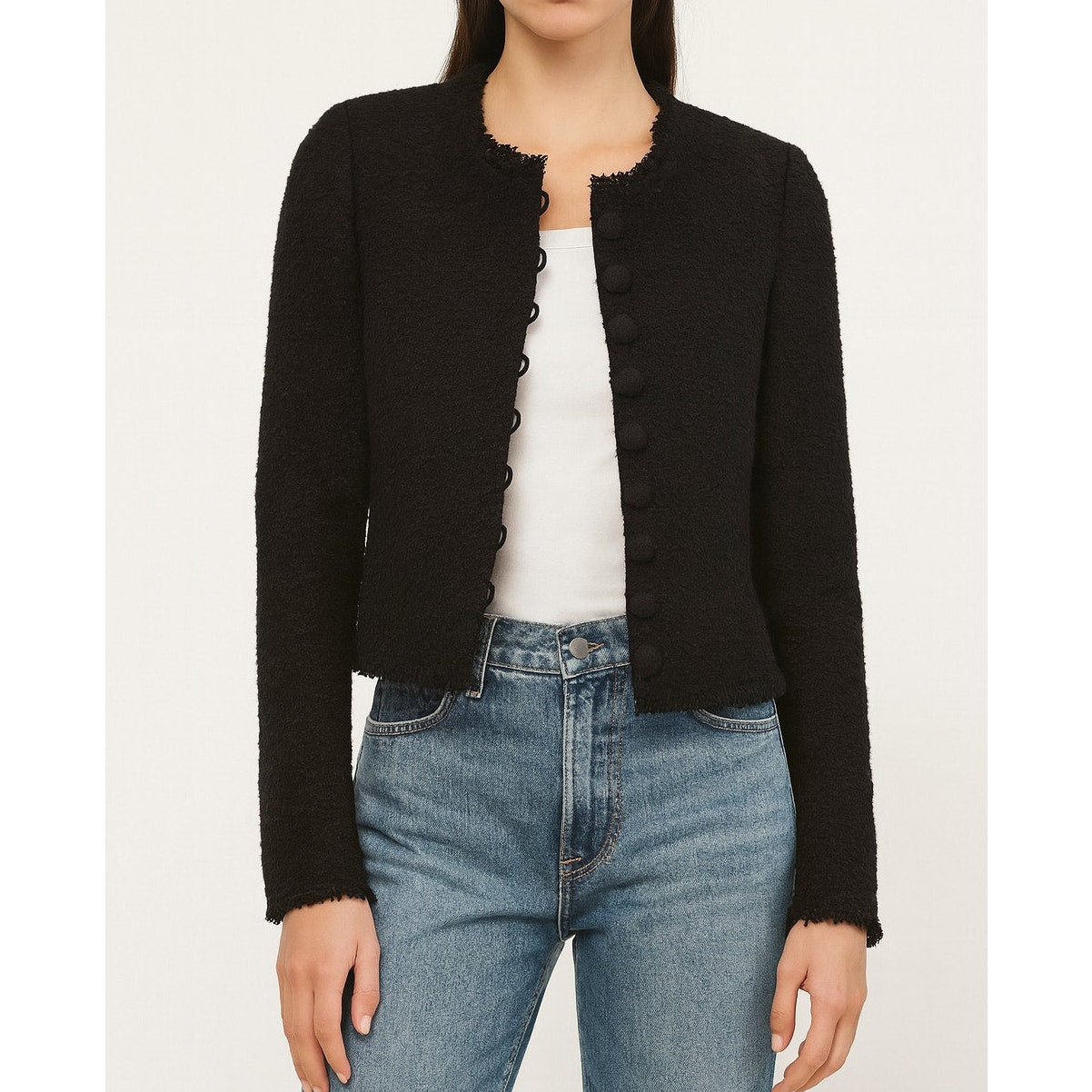 Club Monaco Long Sleeve Collarless Button Front Bouclé Blazer Black 2