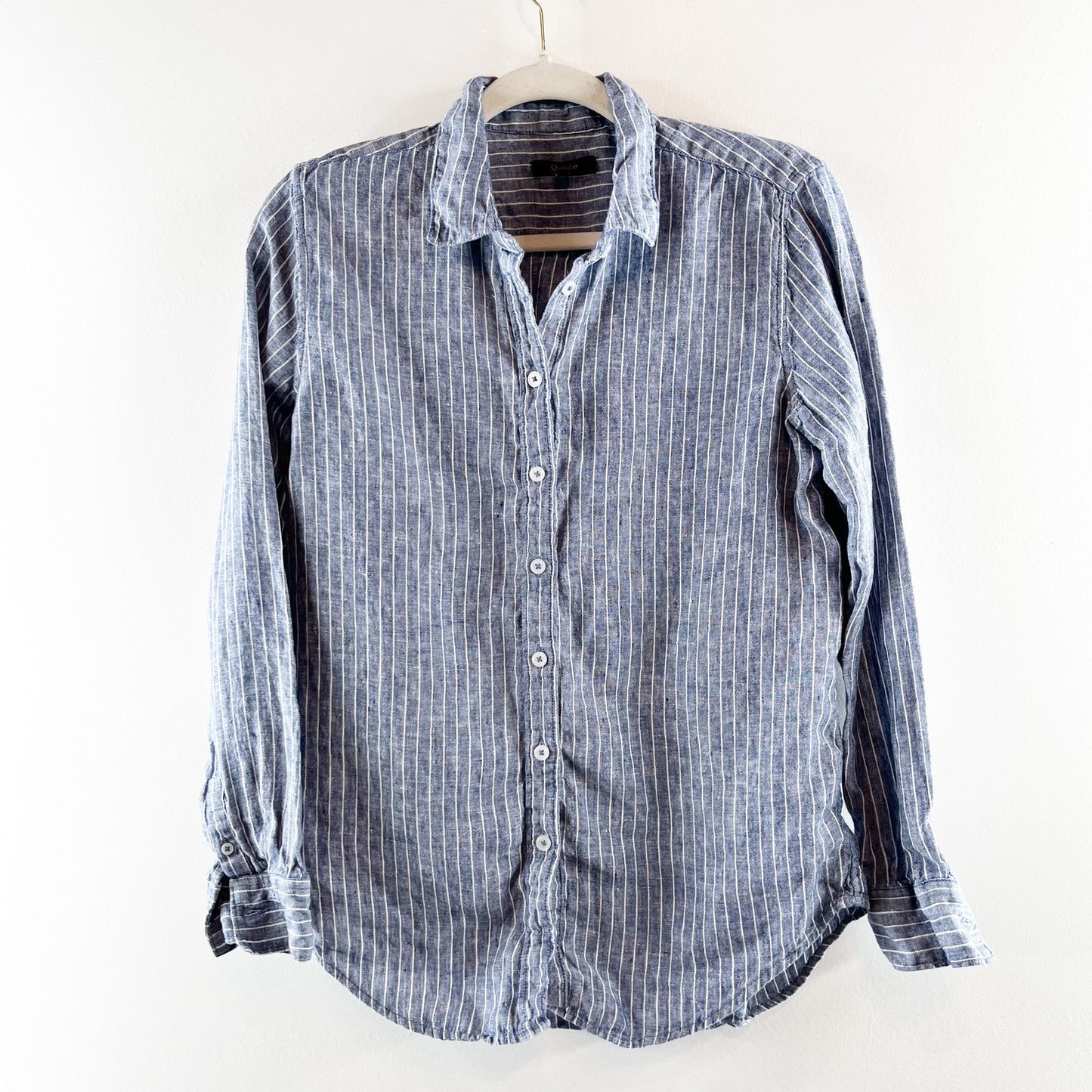Quince 100% European Linen Long Sleeve Button Up Shirt Chambray Stripe Blue S