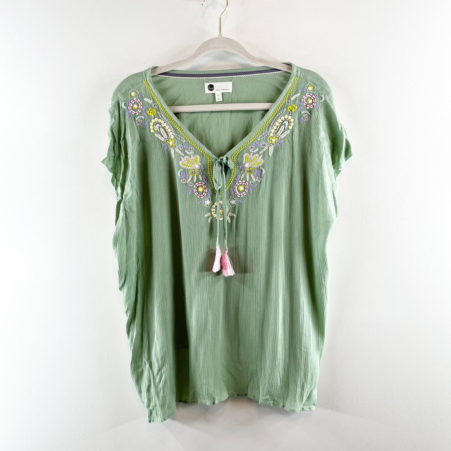 Anthropologie Floreat Persephone Embroidered Short Sleeve Top Green XS
