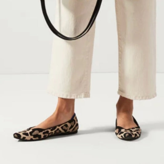 Rothy's The Point Pointed Toe Ballet Flats in Cat Leopard Print Tan Black 9