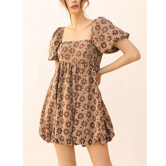 Storia Short Puff Sleeve Square Neck Floral Daisy Bubble Hem Mini Dress Brown M