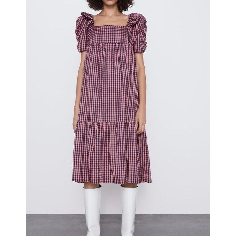 ZARA Short Puff Sleeve Square Neck Gingham Midi Dress Pink Blue Medium