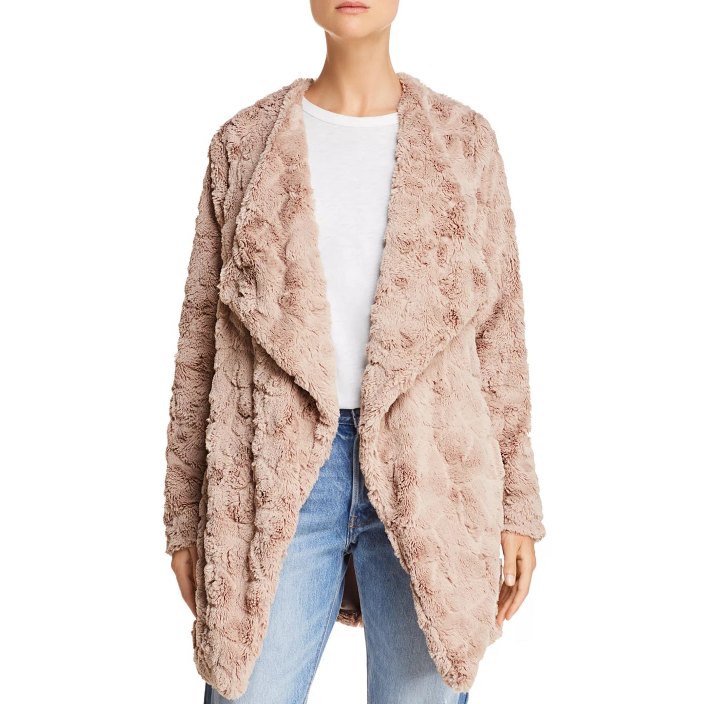 BB Dakota Long Sleeve Asymmetric Waterfall Open Tucker Faux Fur Jacket Tan XS