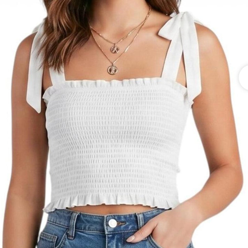 Altar'd State Tie Strap Smocked Cropped Tank Top White Small