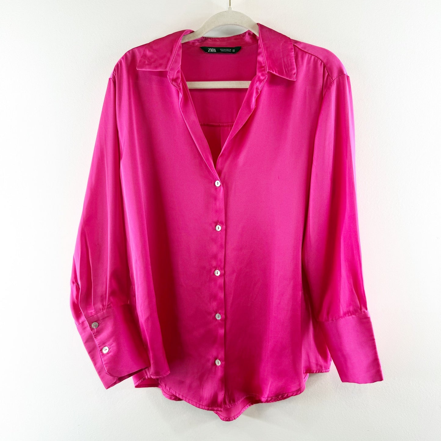 ZARA Satin Effect Long Sleeve Oversized Button Up Shirt Top Pink Small