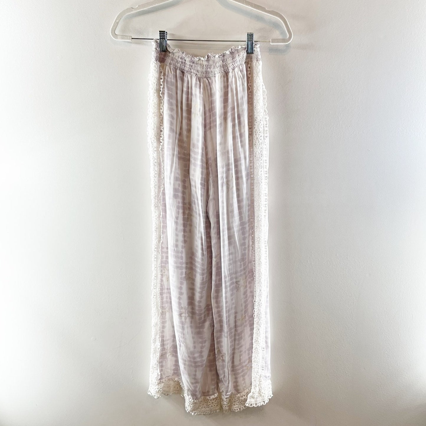 Surf Gypsy Tie Dye Smocked Drawstring Crochet Hem Wide Leg Pants White Purple