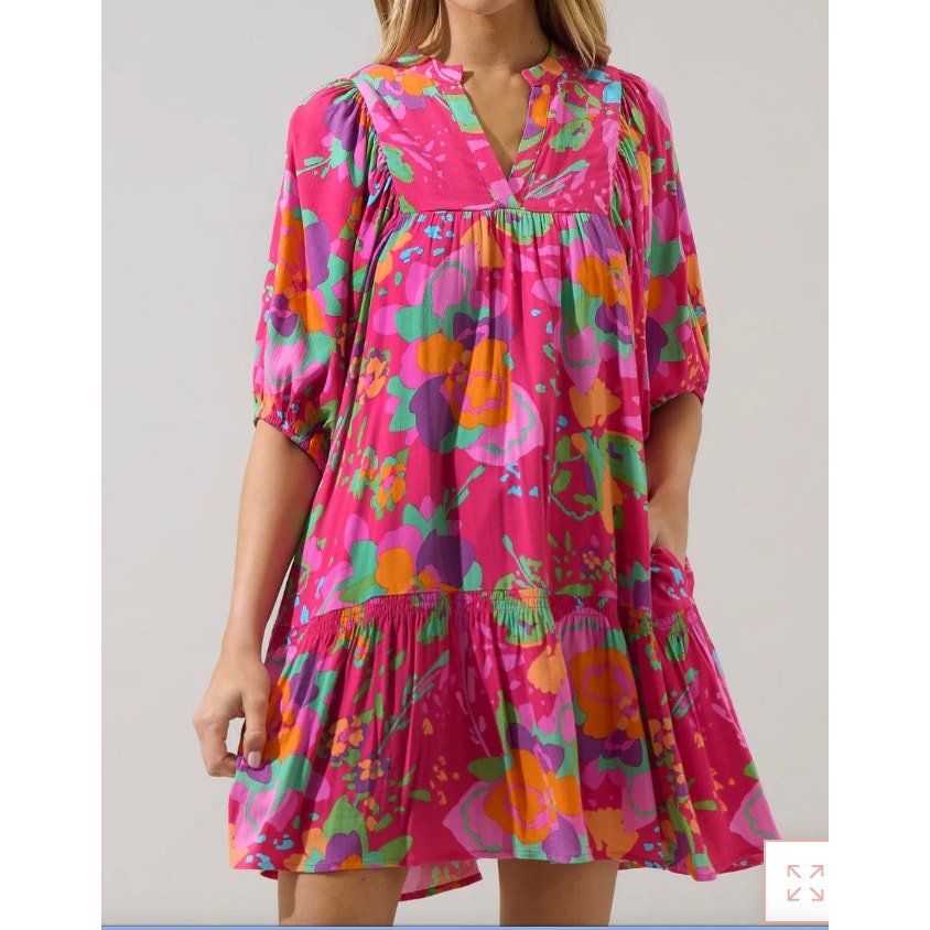 Sugarlips Himera Floral Maribor Shift Elbow Sleeve Tiered Babydoll Mini Dress S
