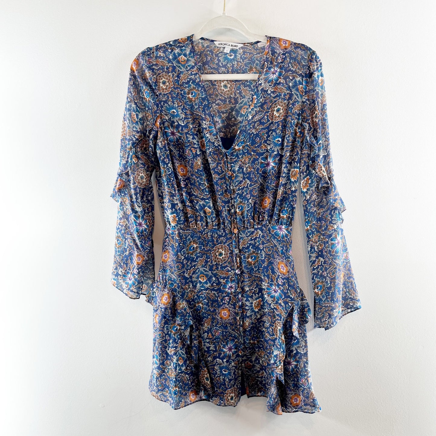 Veronica Beard Camden Long Sleeve Silk Ruffle Floral Mini Dress Blue 4