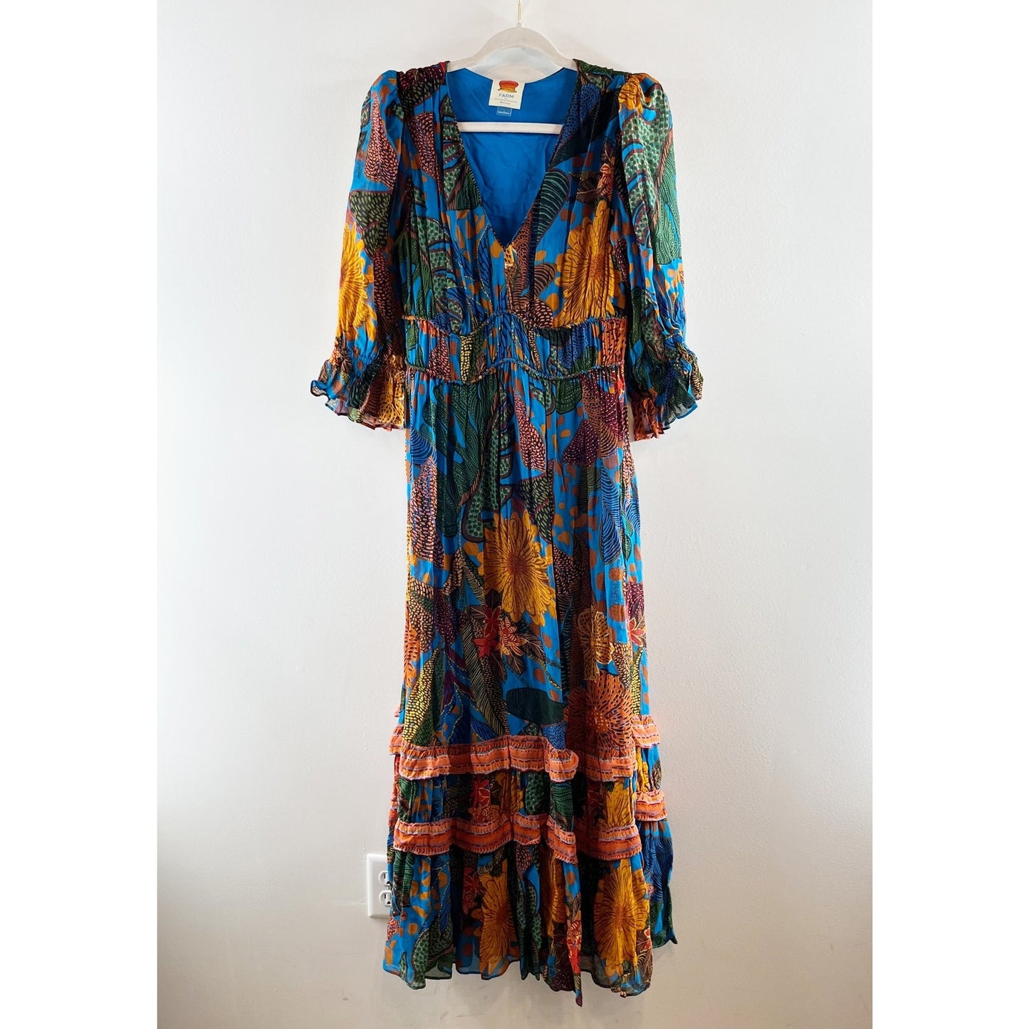 Farm Rio Anthropologie Puff-Sleeve Smocked Tiered Maxi Dress Blue Small