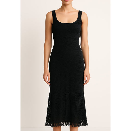 House of Harlow Knit Crochet Fringe Hem Midi Dress Black Small