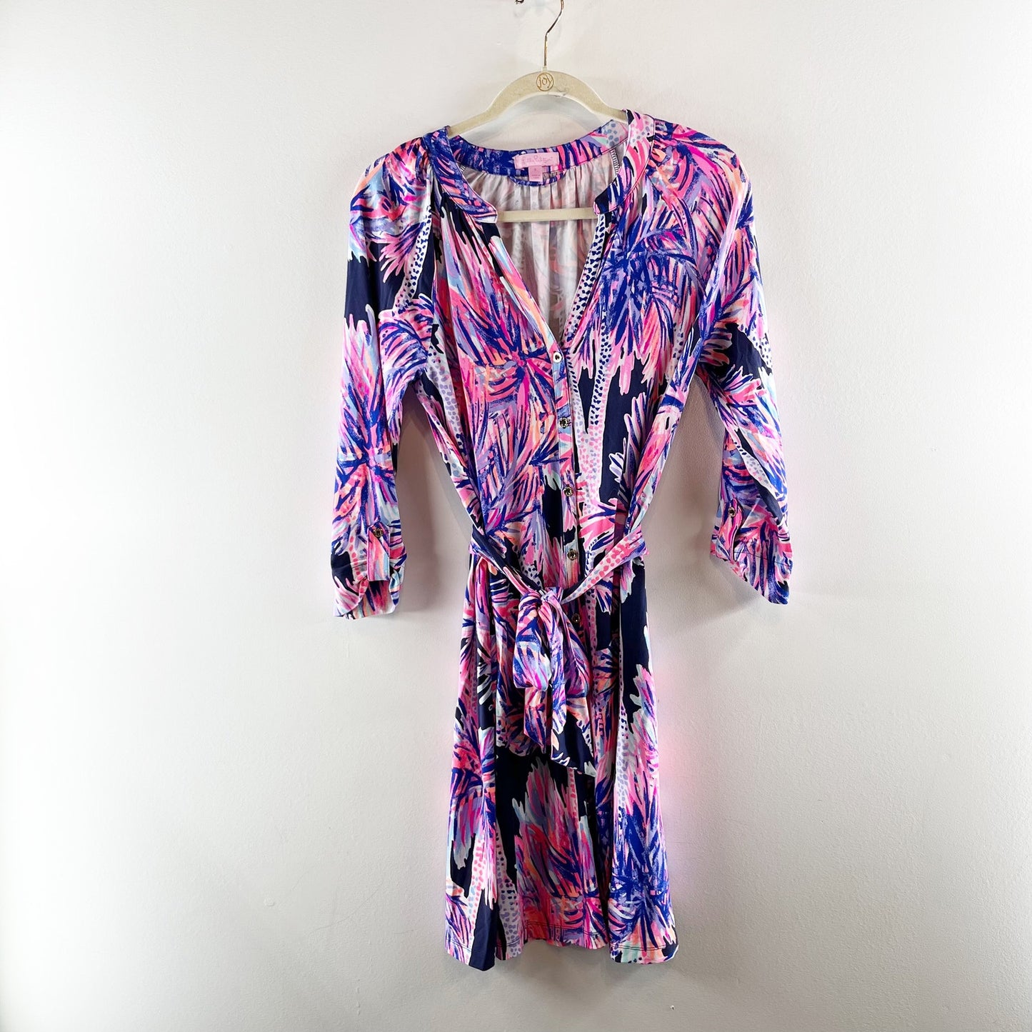 Lilly Pulitzer Bailor Palms Up Jersey Belted Mini Shirt Dress Bright Navy Pink S