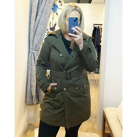 Michael Kors Belted Double Breasted Hooded Trench Coat Olive Green Small