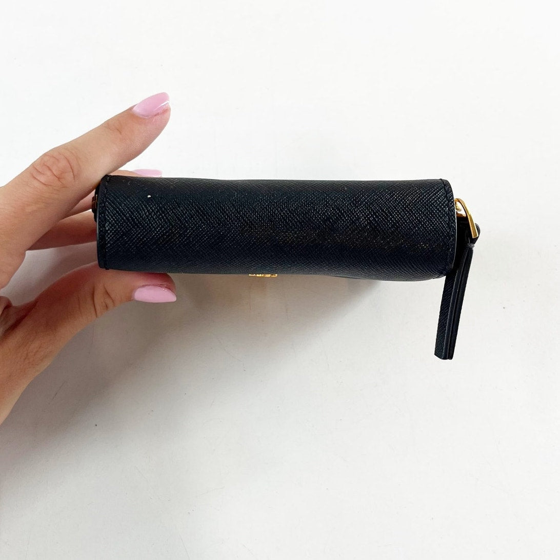 Tory Burch Emerson Saffiano Leather Mini Folded Wallet Black Gold
