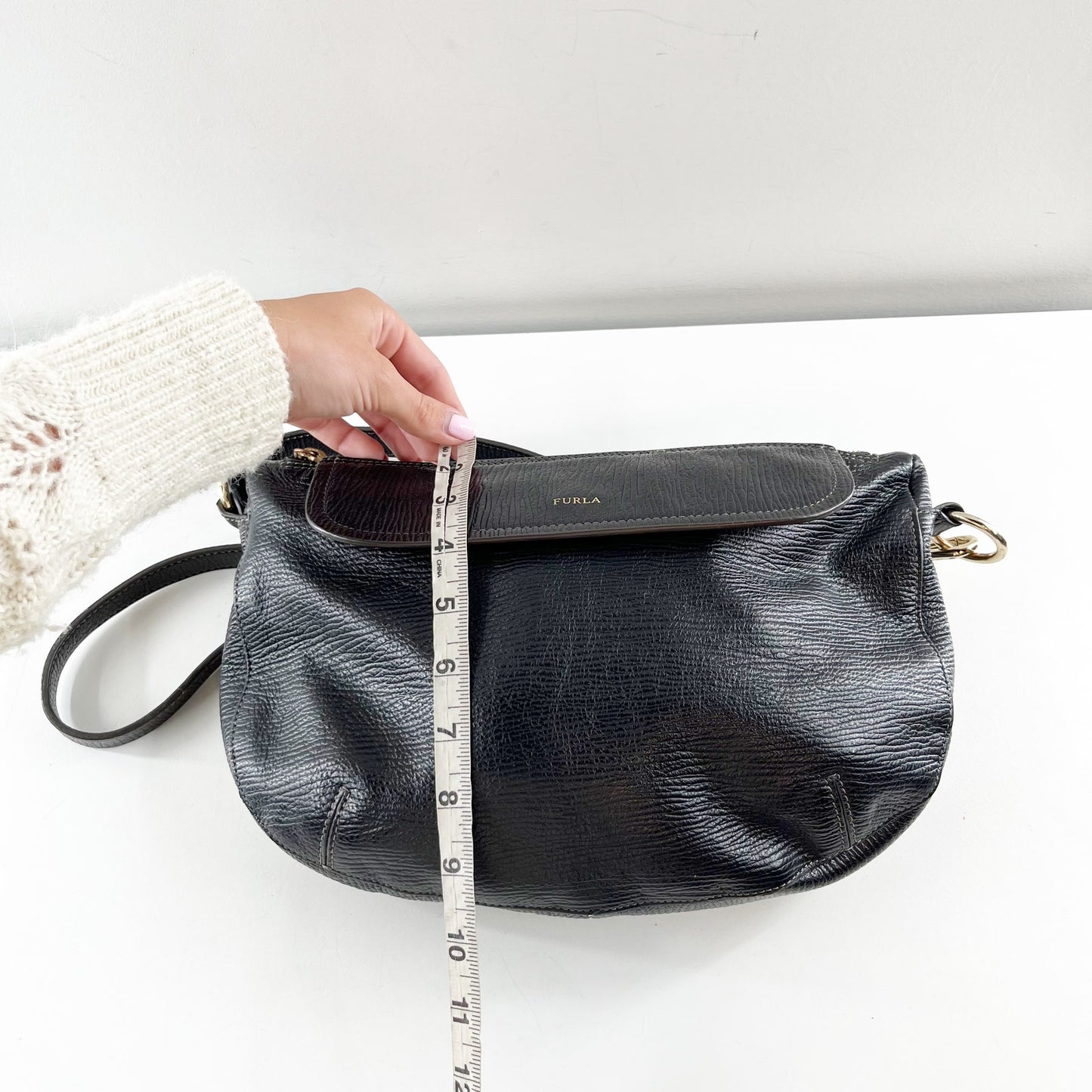 Furla Black Textured Genuine Leather Flapover Shoulder Bag