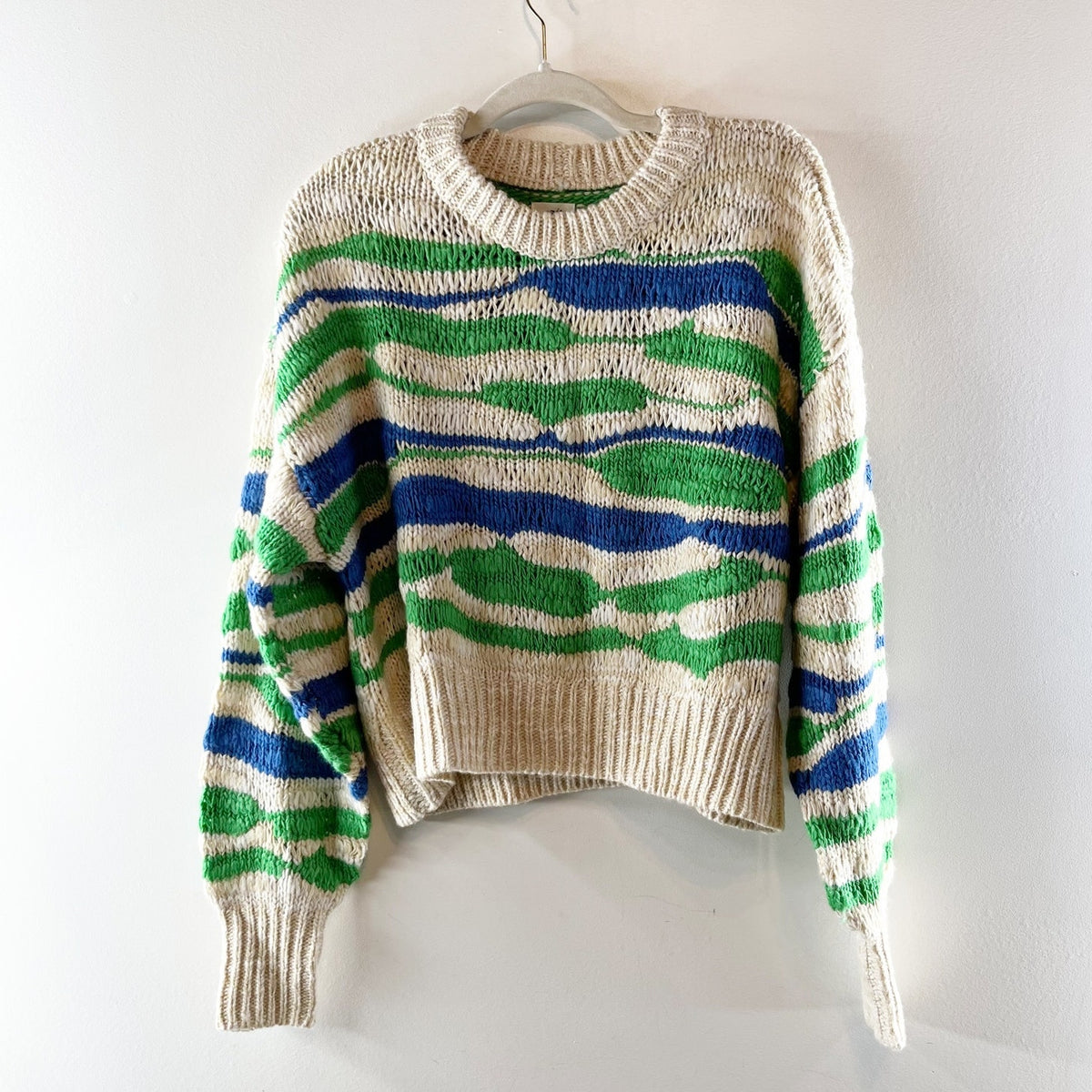 Aerie Long Sleeve Crewneck Chunky Knit Sweater Tan Green Blue Small