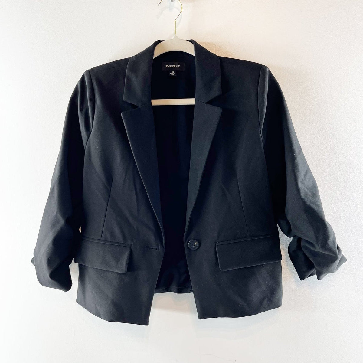 Evereve Black Ruched 3/4 Sleeve Cropped Blazer Jacket XS