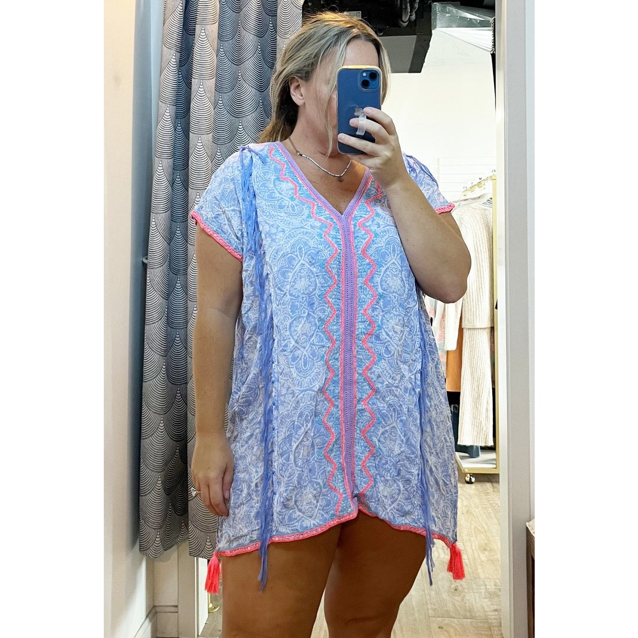 Surf Gypsy Floral Embroidered Short Sleeve Bohemian Tunic Cover-Up Dress Blue S