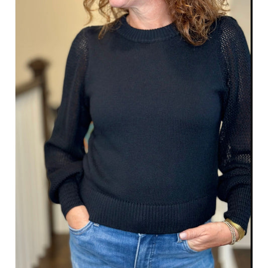 Lilla P Crewneck Crochet Long Sleeve Cotton Blend Sweater Black Medium