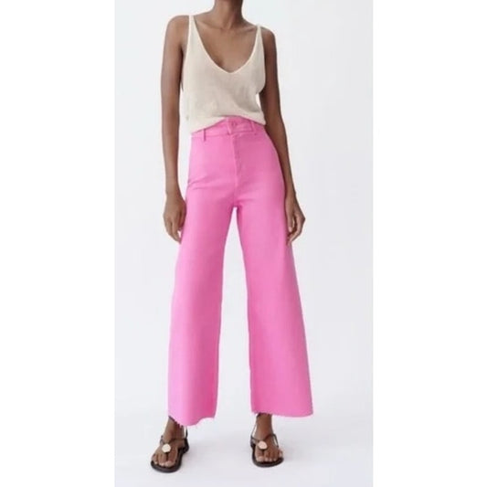 ZARA The Marine Straight Wide Leg High Rise Jeans Pink 6